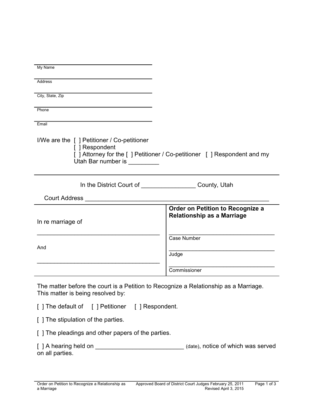 Order on Petition to Recognize a Relationship As a Marriage