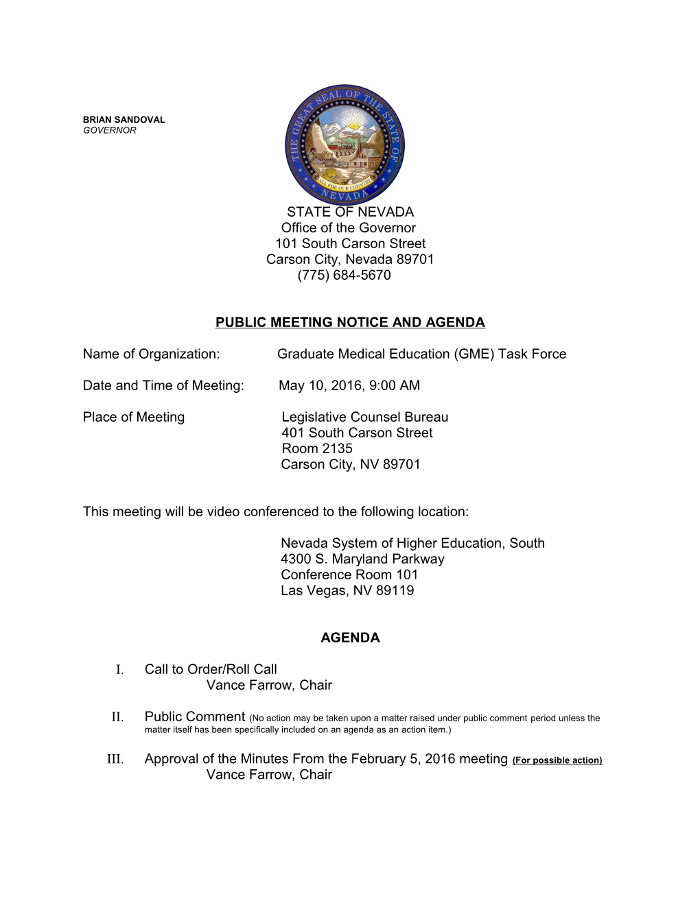 Public Meeting Notice and Agenda