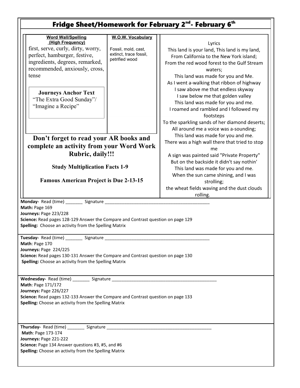 Fridge Sheet: Homework for August 27 Aug