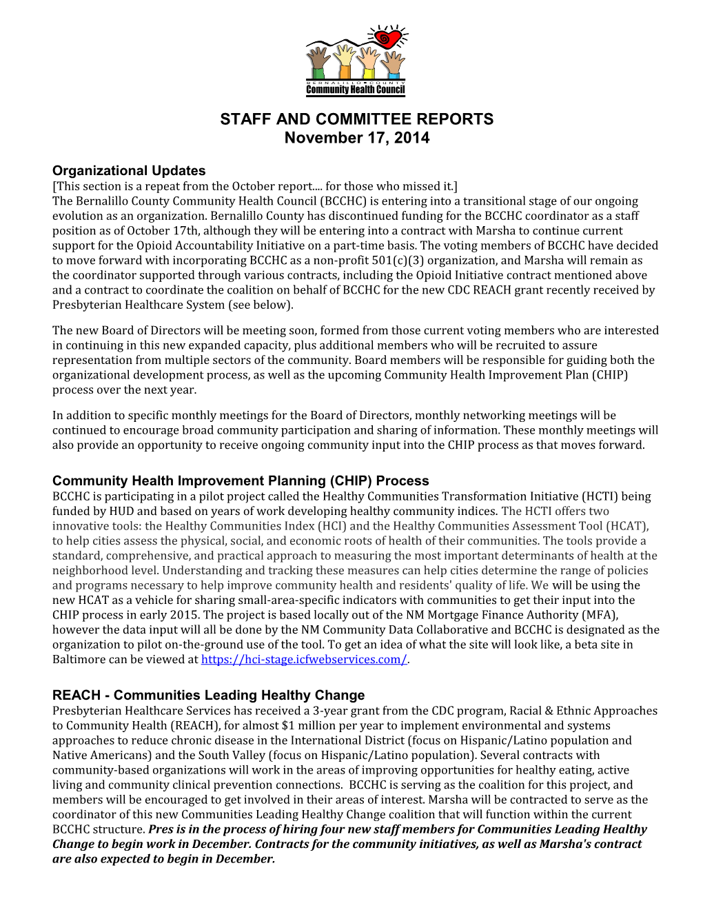 STAFF and COMMITTEE REPORTS November 17, 2014