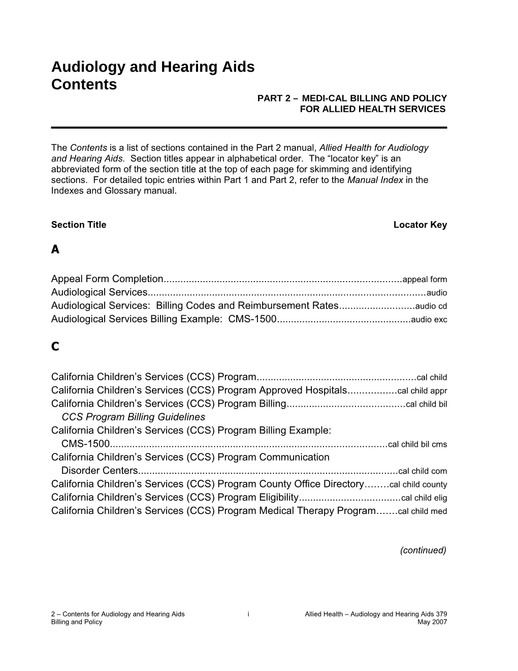 Contents (Part 2 Medi-Cal Billing and Policy): Audiology and Hearing Aids (2Toc Aud)