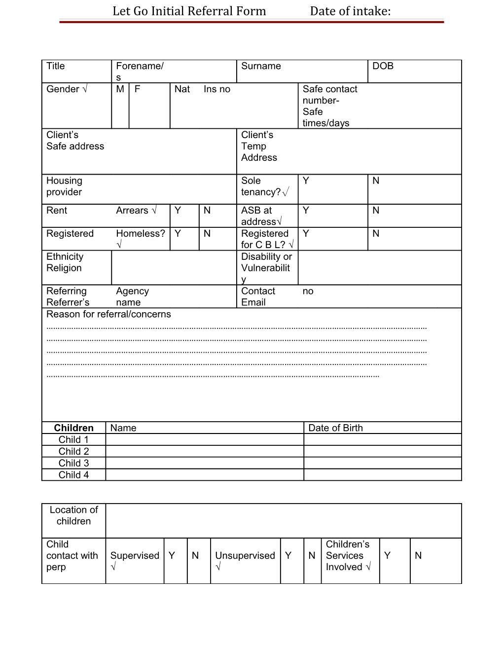 Let Go Initial Referral Form Date of Intake
