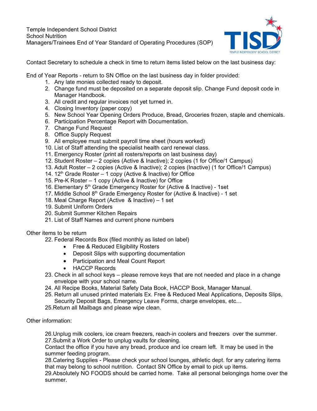 Managers/Trainees End of Year Standard of Operating Procedures (SOP)