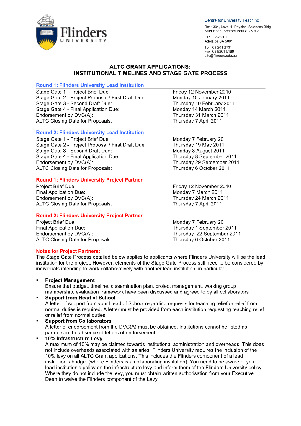 Institutional Timelines and Stage Gate Process