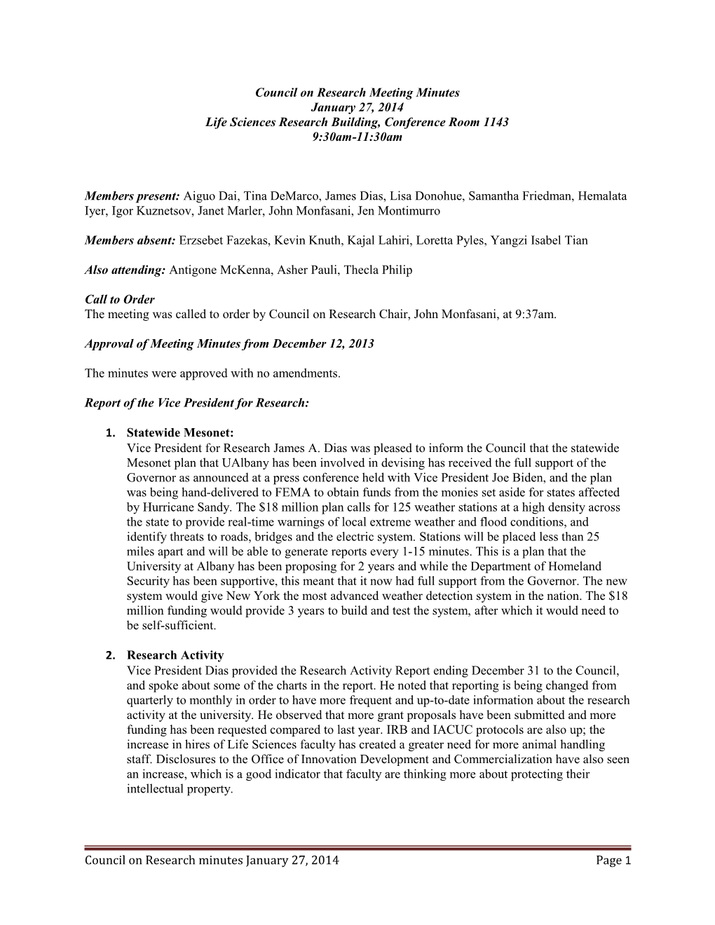 Council on Research Meeting Minutes