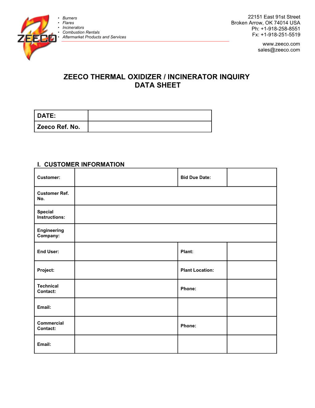 Zeeco Thermal Oxidizer / Incinerator Inquiry