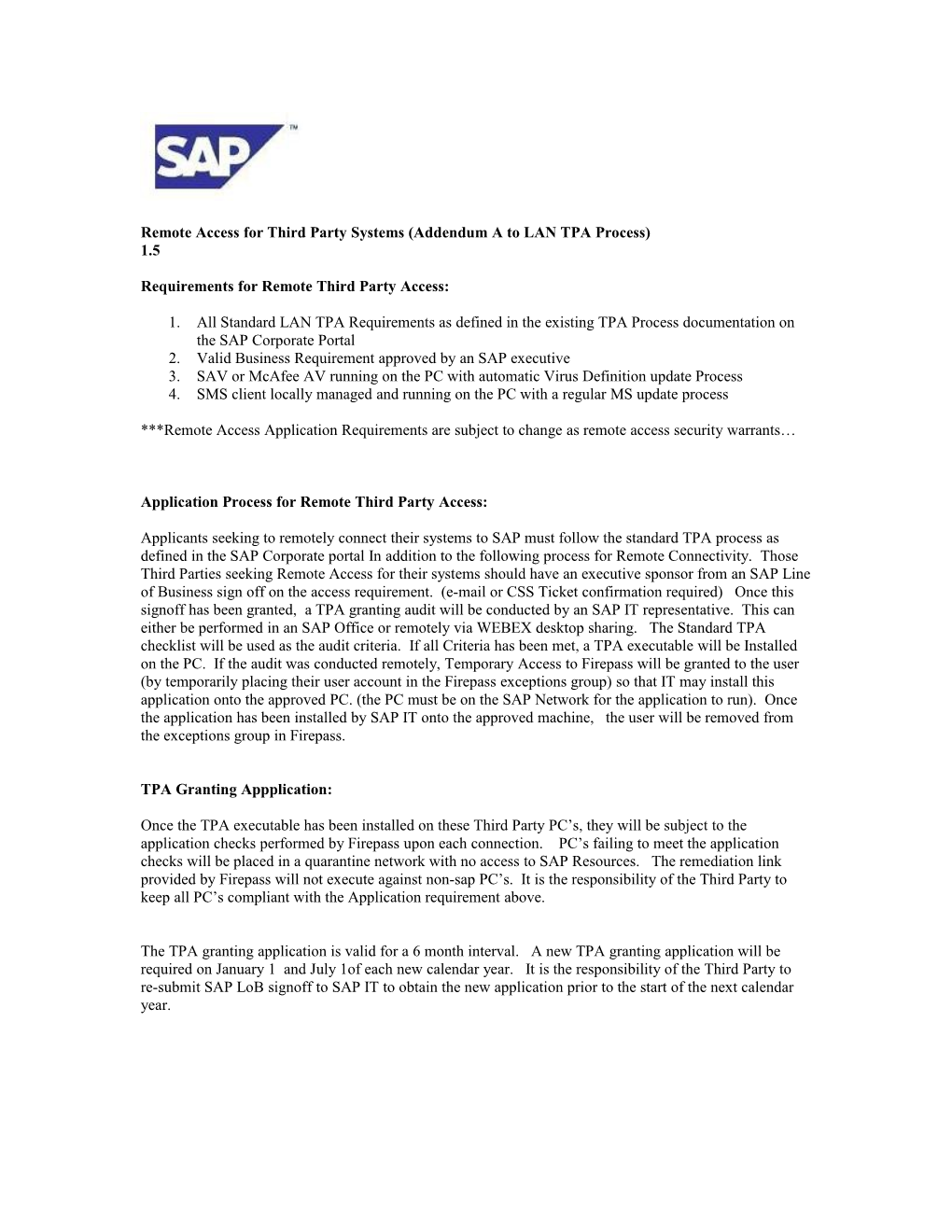 Remote Access for Third Party Systems (Addendum a to LAN TPA Process)