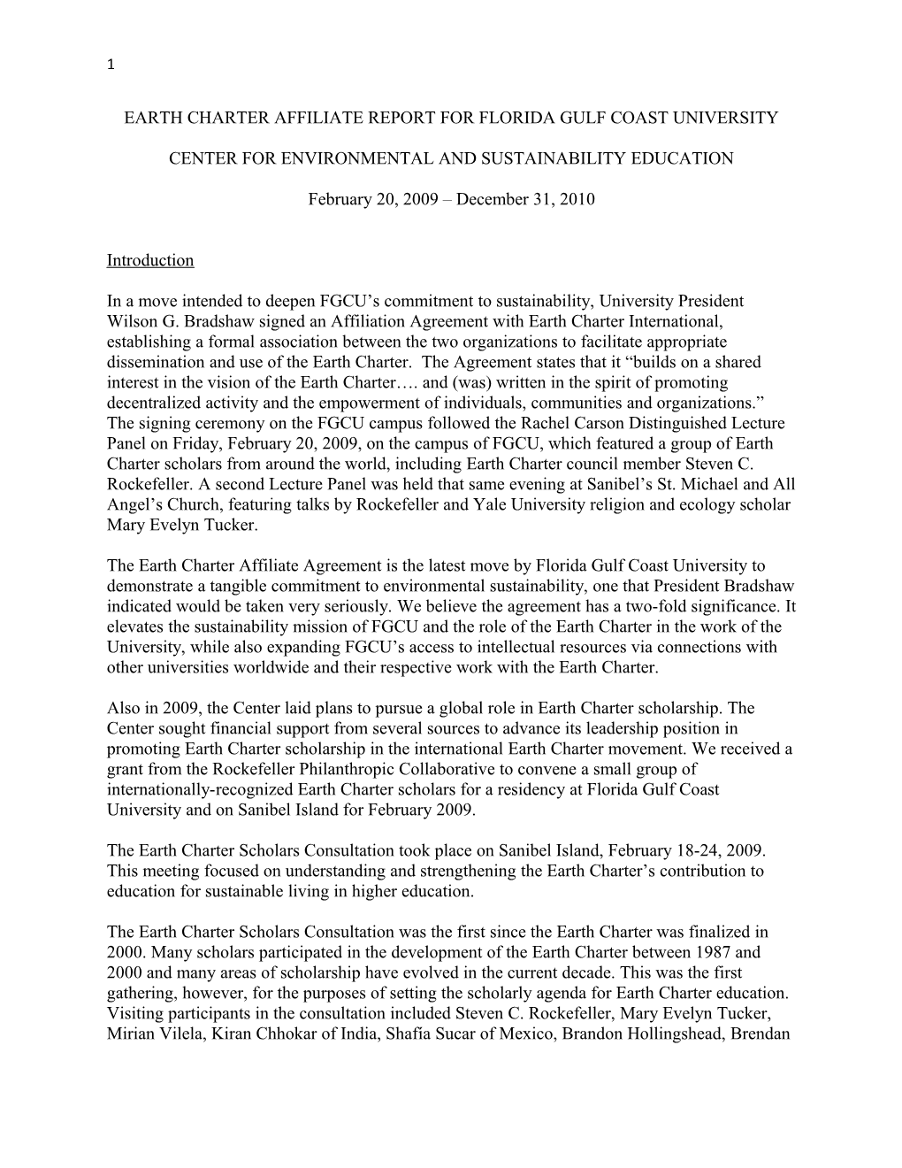 Earth Charter Affiliate Report for Florida Gulf Coast University