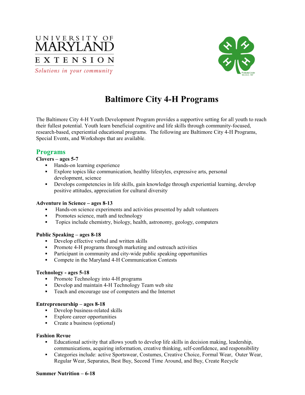 Baltimore City 4-H Programs