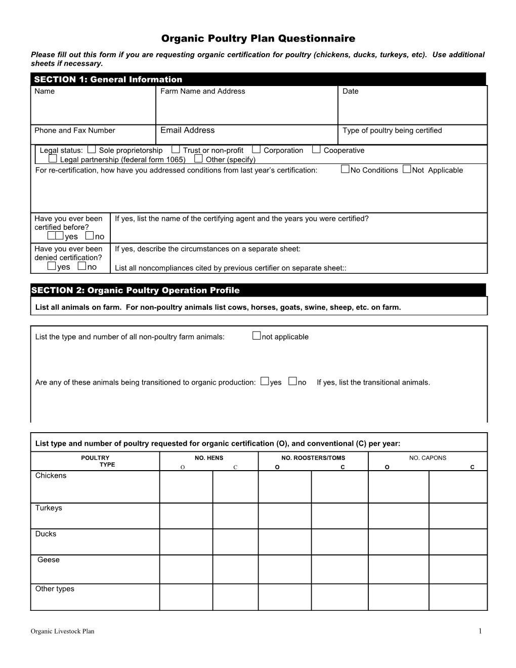 Organic Livestock Plan Questionnaire: Slaughter/Dairy