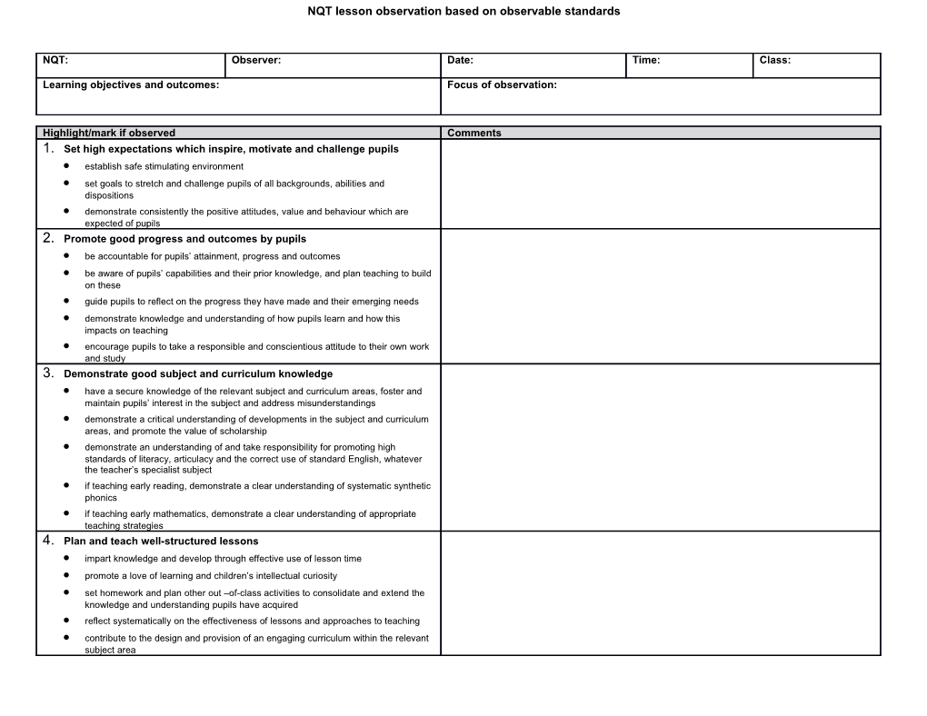 Lesson Observation and Record of Dialogue Based on Observable Core Standards