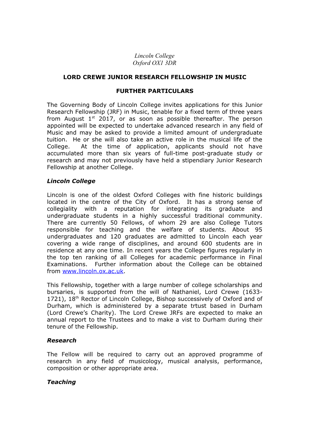 Lord Crewe Junior Research Fellowship in Music