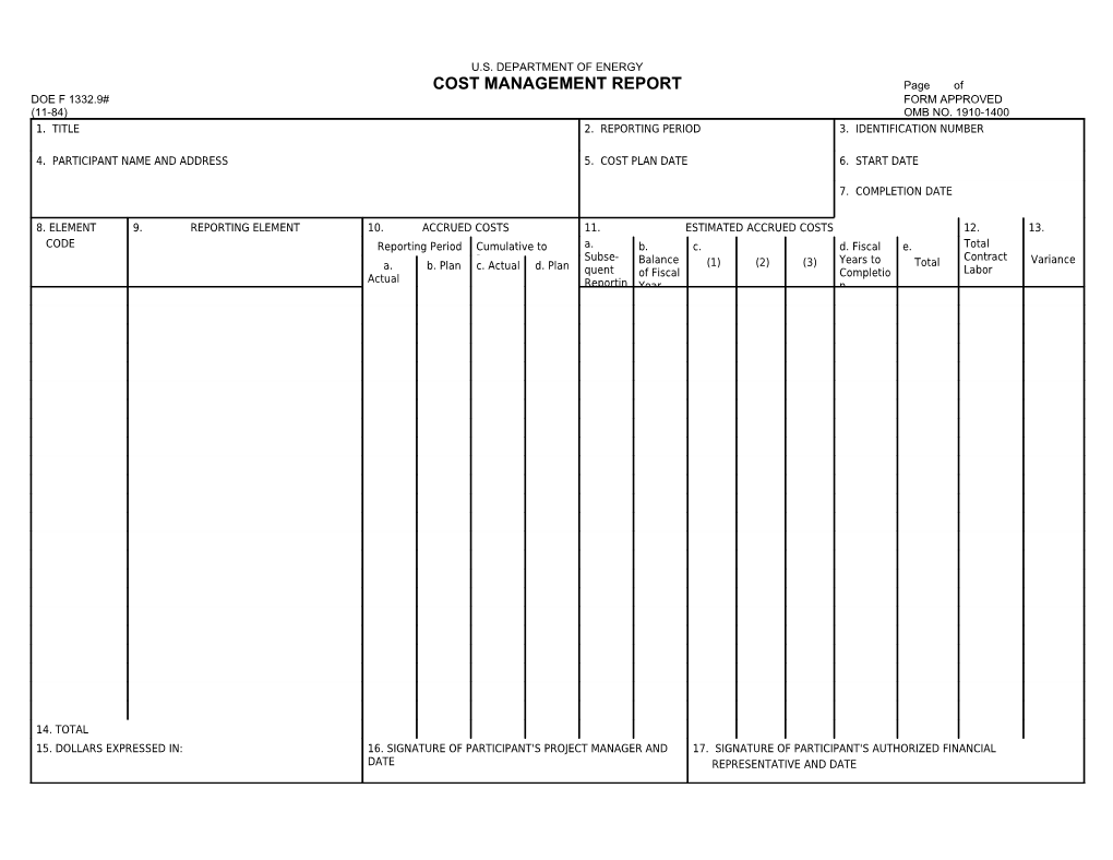 COST MANAGEMENT REPORT Page Of