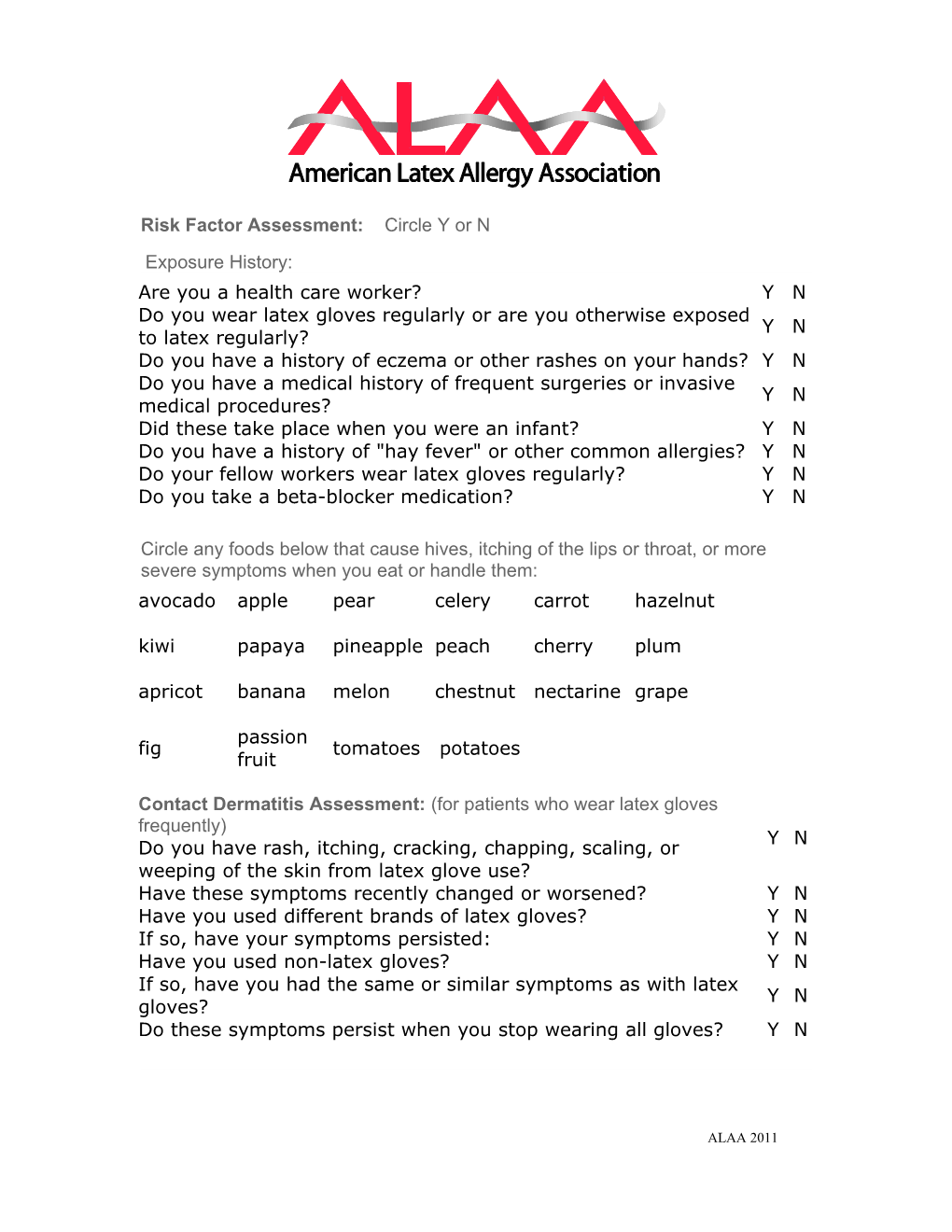 Risk Factor Assessment: Circle Y Or N