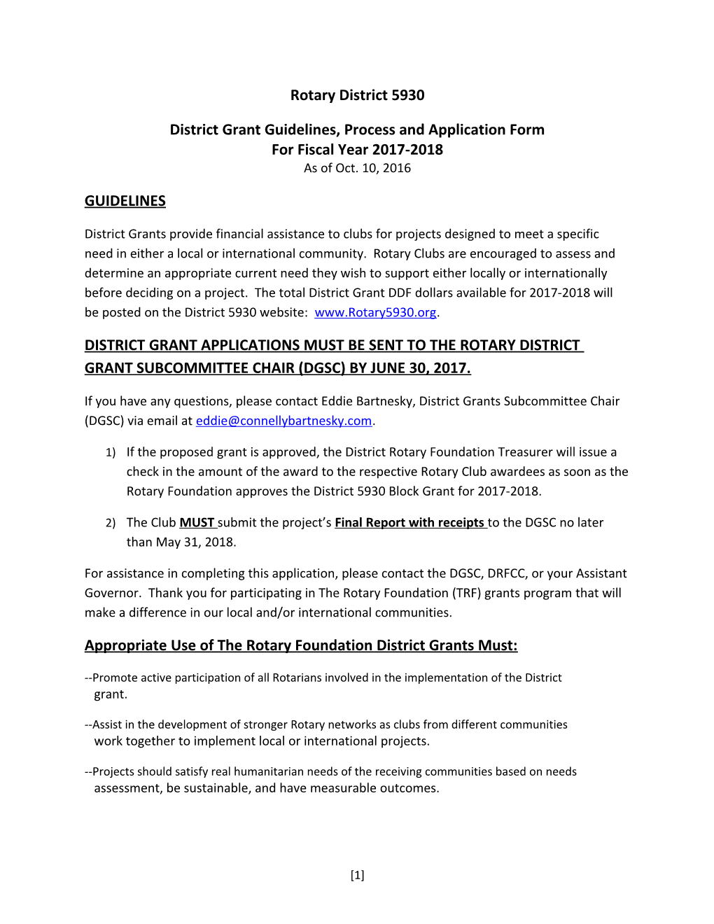 District Grant Guidelines, Process and Application Form