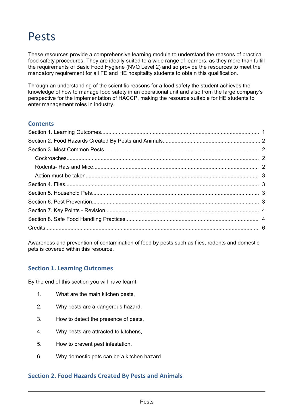 Section 2. Food Hazards Created by Pests and Animals 2