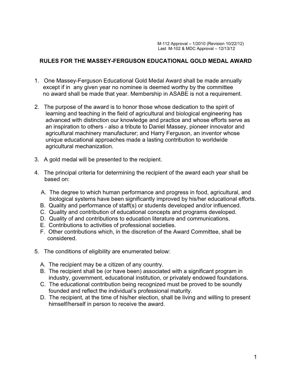 Rules for the Massey-Ferguson Gold Medal Award