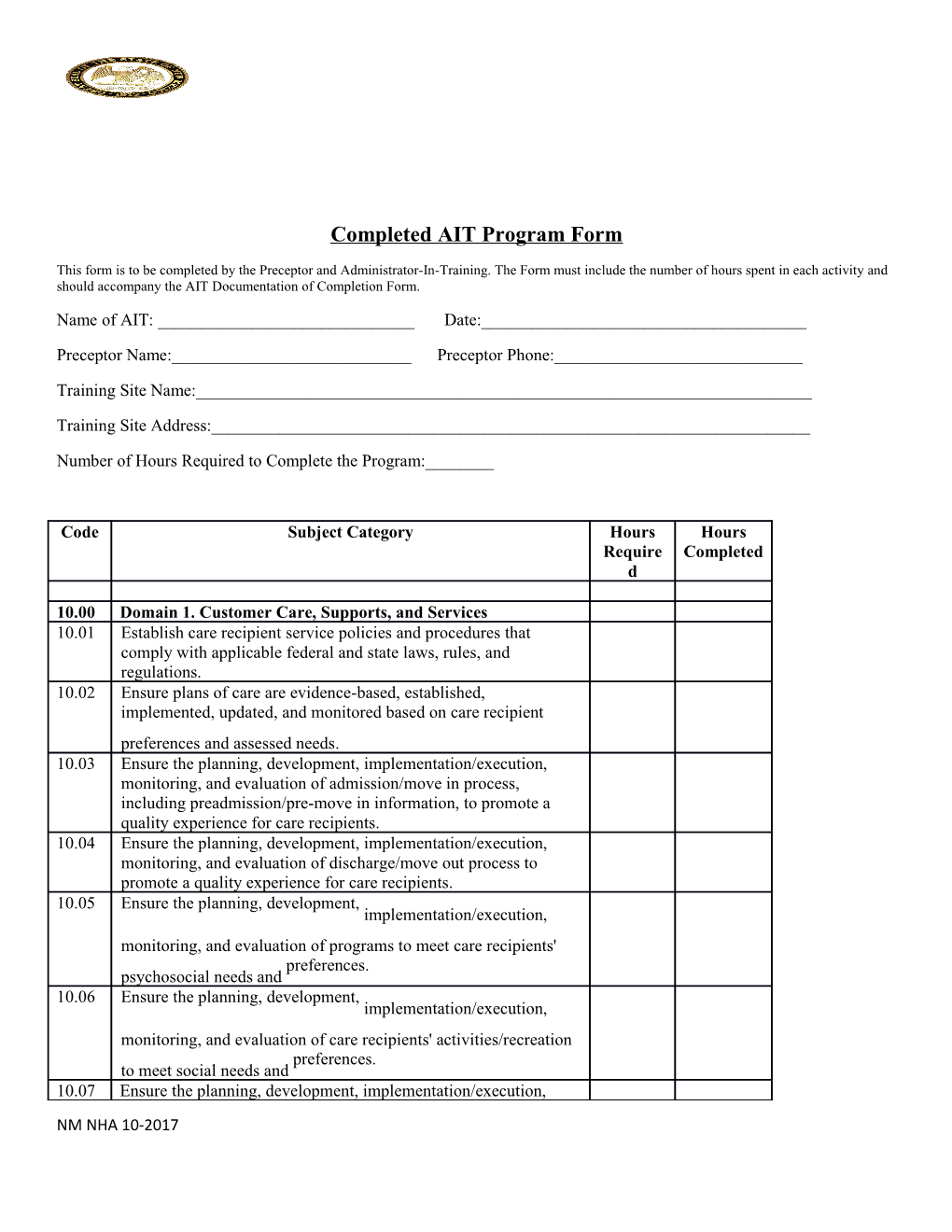 Completed AIT Program Form