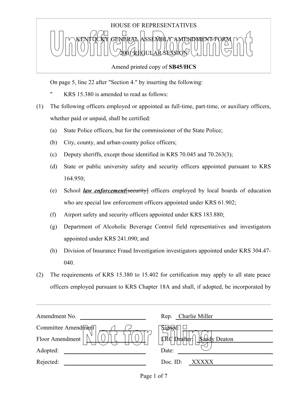 Kentucky General Assembly Amendment Form s15