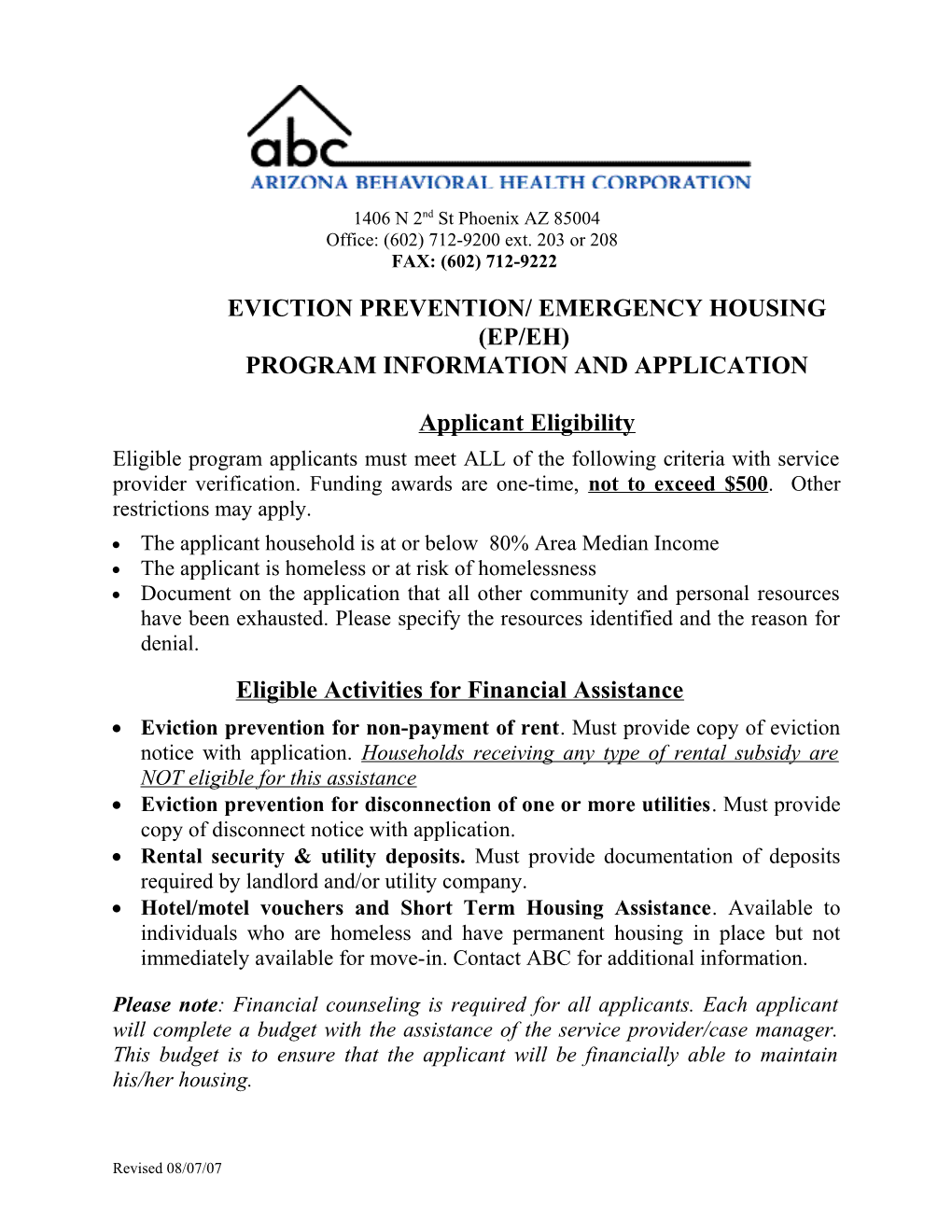Eviction Prevention/ Emergency Housing (Ep/Eh)