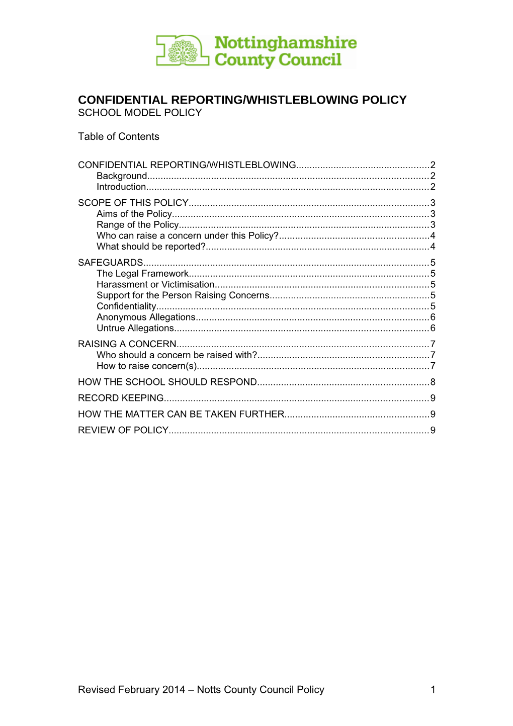 Confidential Reporting and Whistleblowing Feb 2014