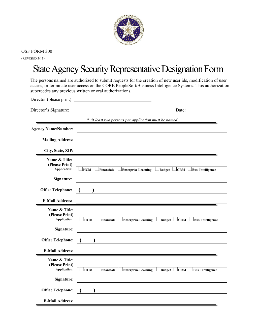 OSF Form 300: State Agency Security Representative Designation Form