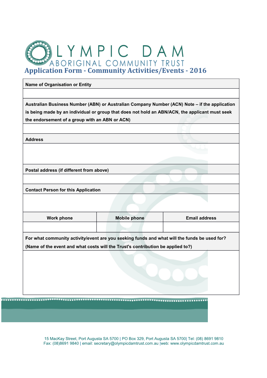 Application Form - Community Activities/Events - 2016