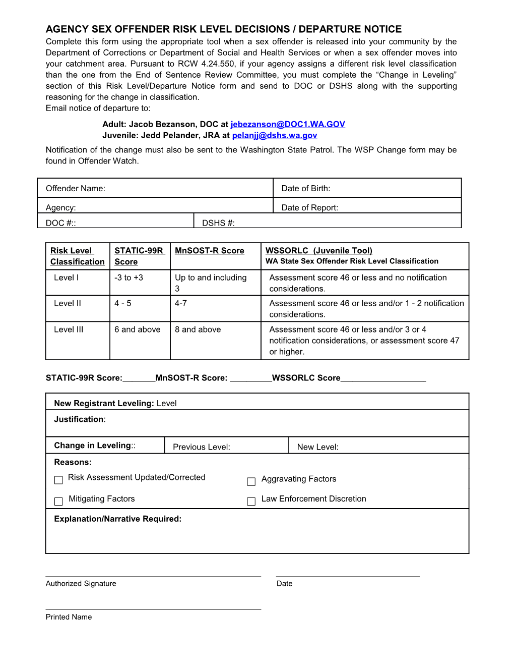 Agency Sex Offender Risk Level Decisions / Departure Notice