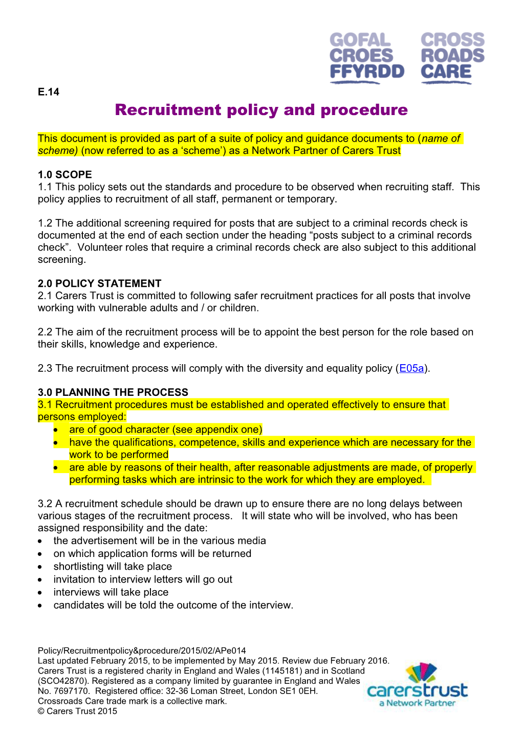 Crossroads Carerecruitment Policy and Procedure