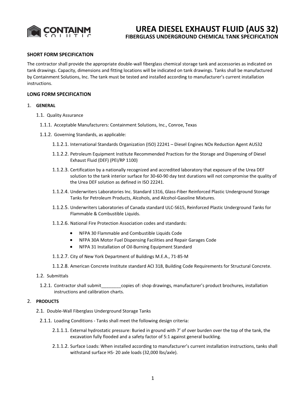 Fiberglass Underground Chemical Tank Specification