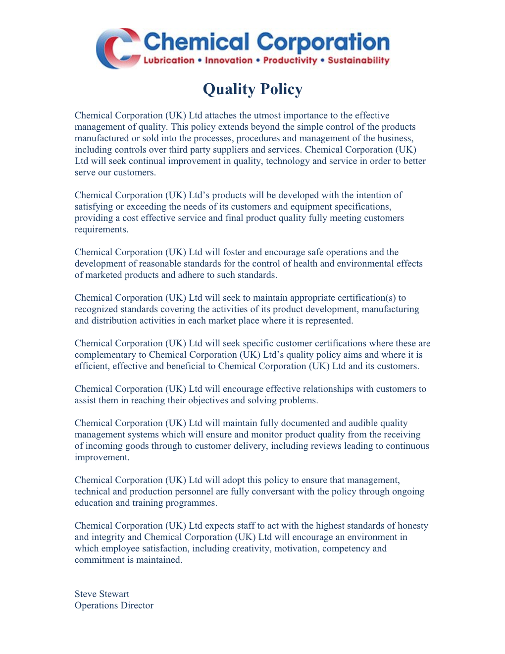 Chemical Corporation Limited Quality Policy