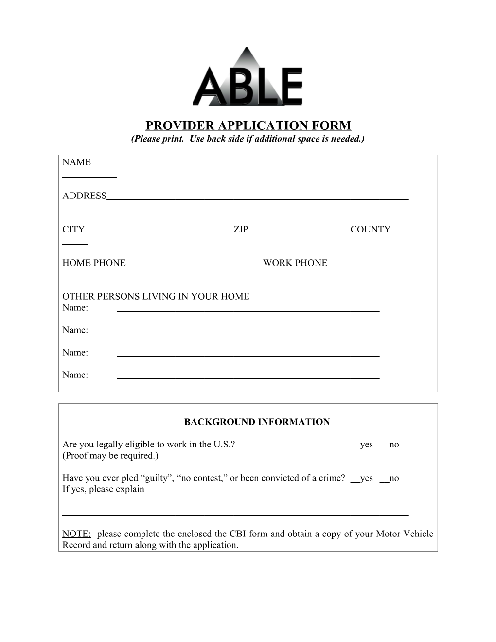 Provider Application Form