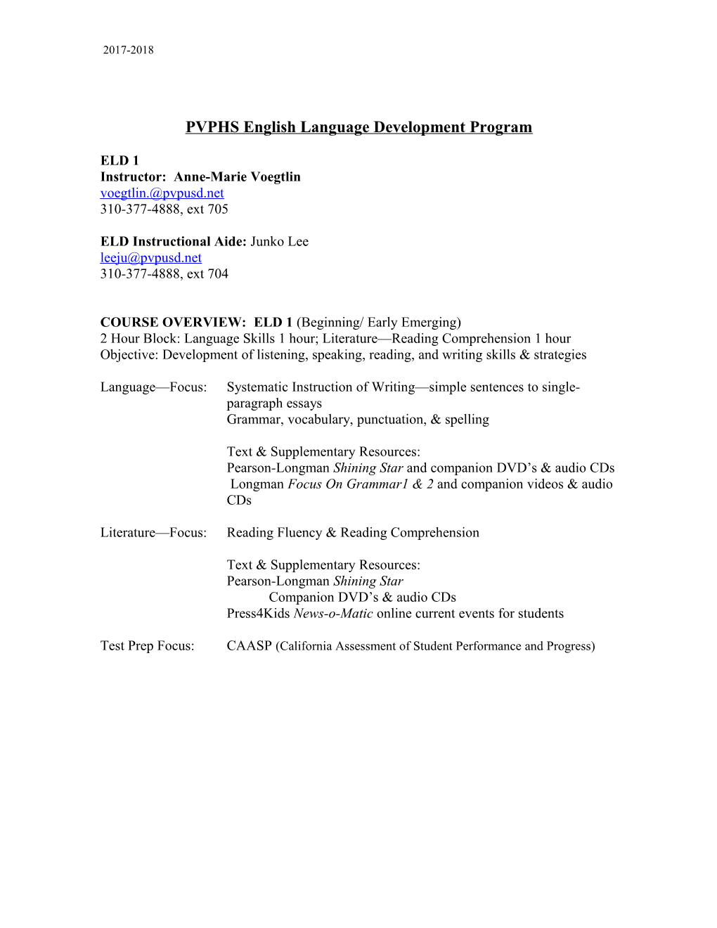 PVPHS English Language Development Program