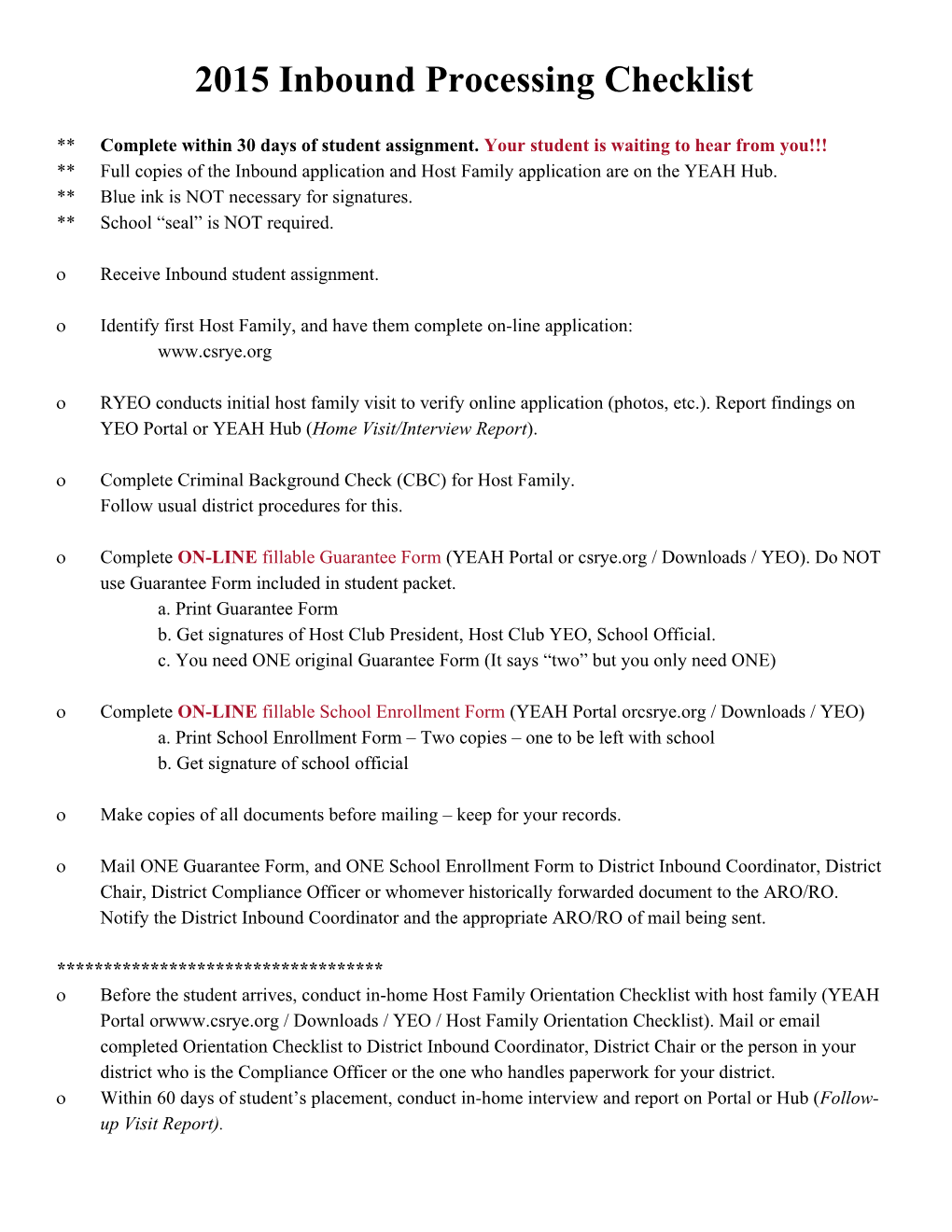 2015 Inbound Processing Checklist