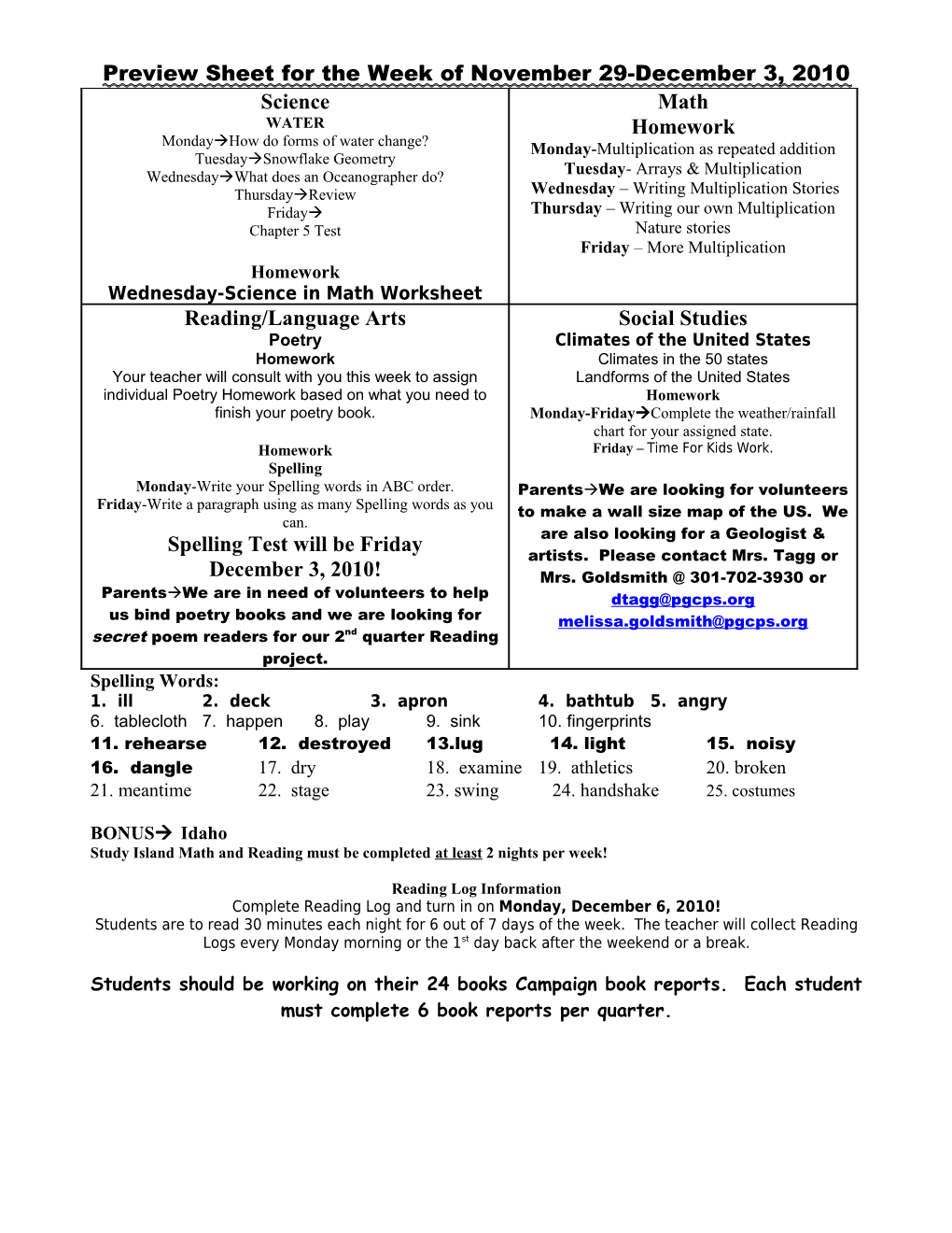 Preview Sheet for the Week of November 29-December 3, 2010