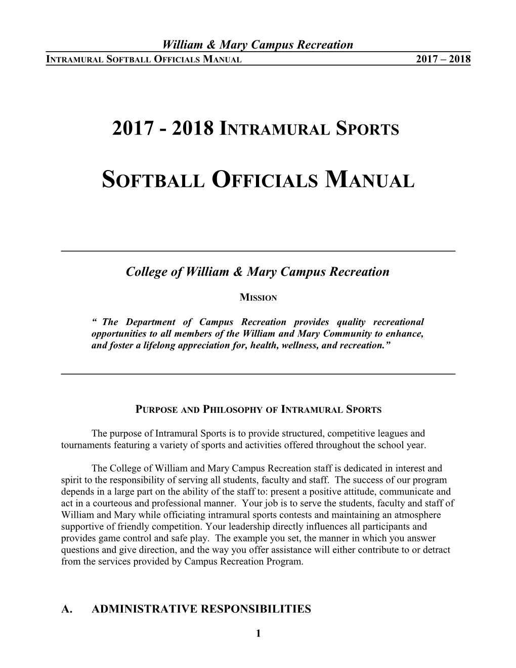 Intramural Softball Officials Manual 2017 2018