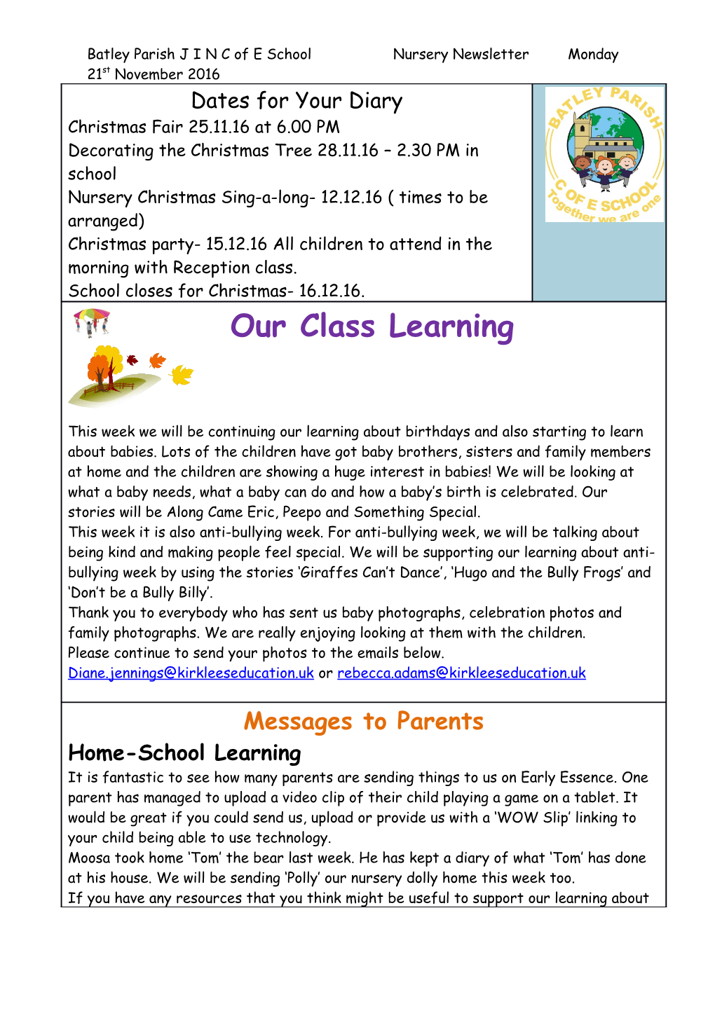 Batley Parish J I N C of E School Nursery Newsletter Monday 21Stnovember 2016