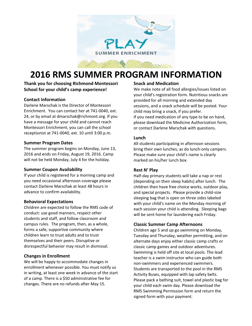 2016 Rms Summer Program Information