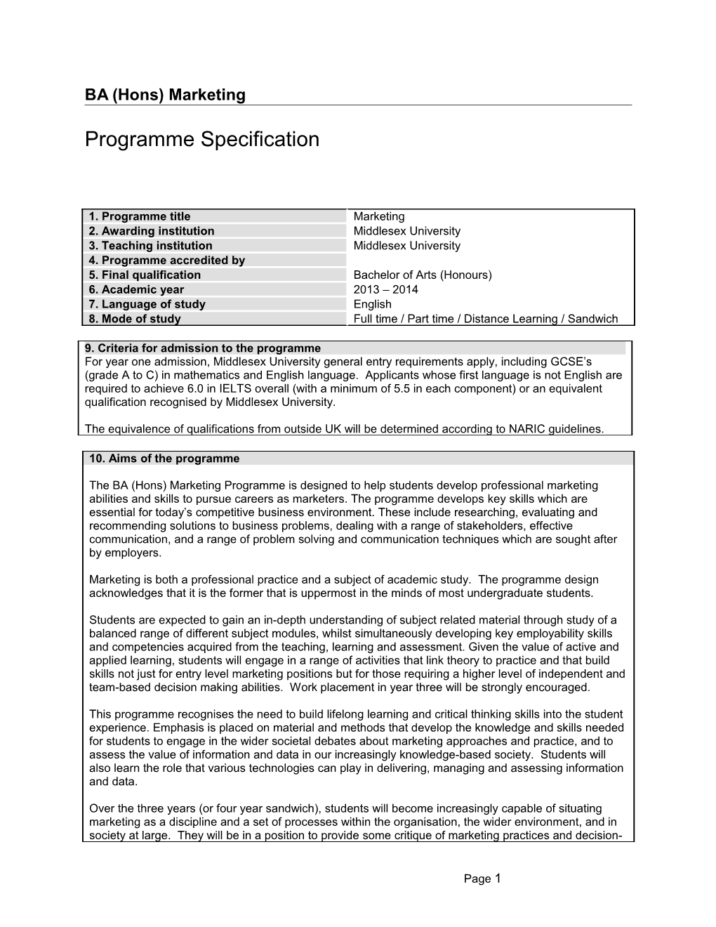 Programme Specification And