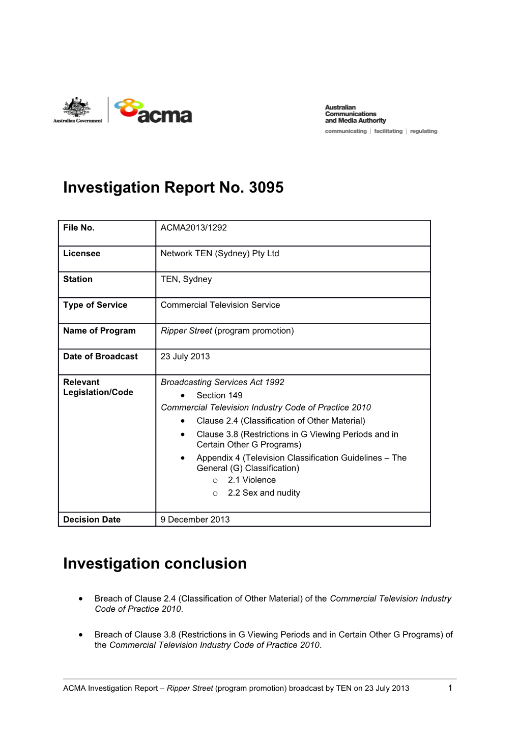 Investigation Report No. 3095