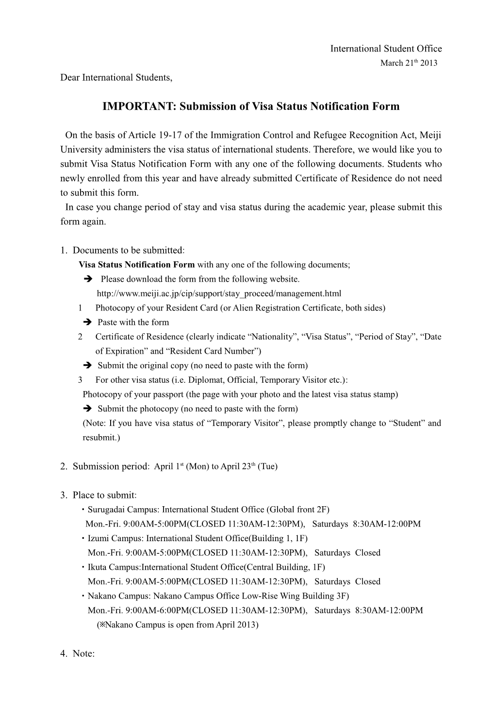 IMPORTANT: Submission of Visa Status Notification Form