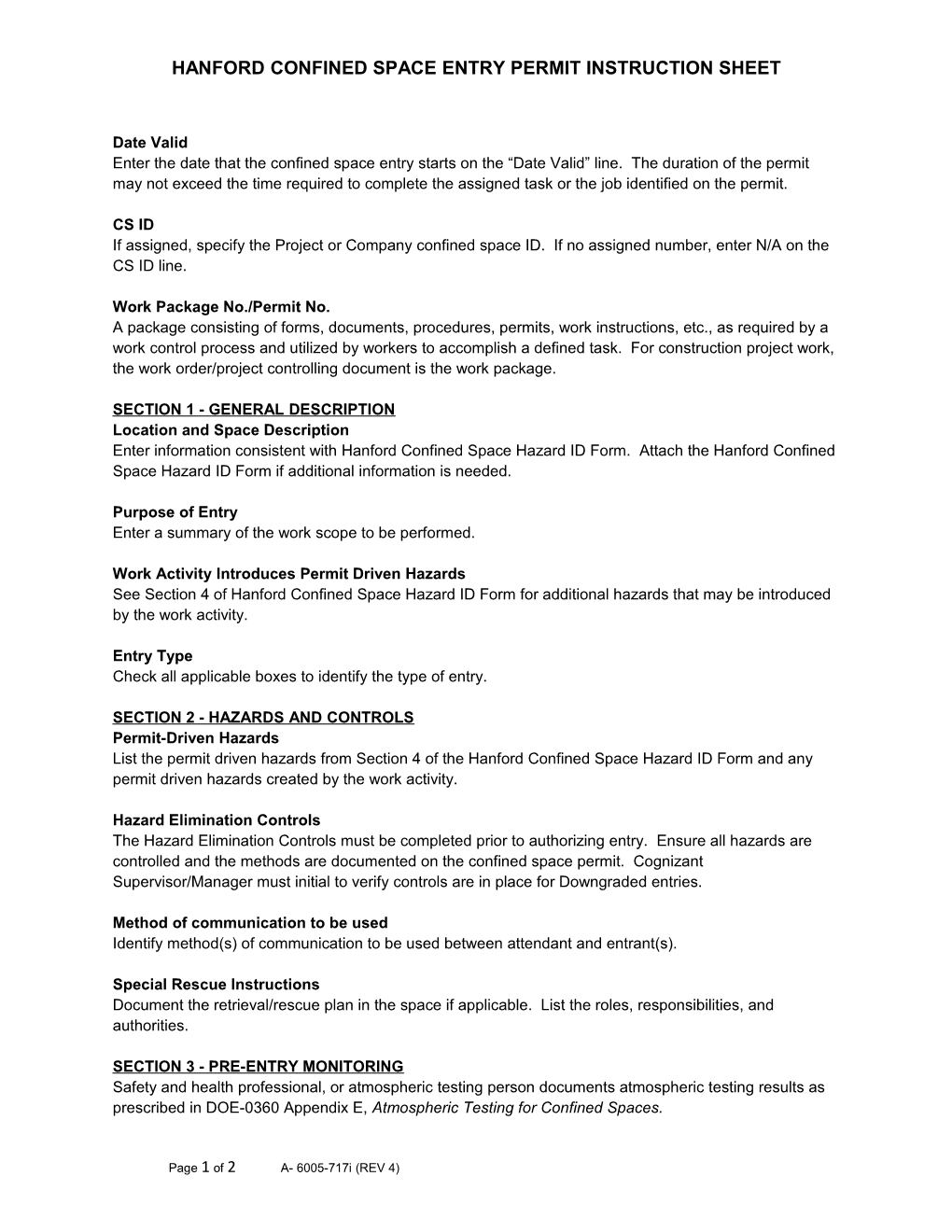 Hanford Confined Space Entry Permit Instruction Sheet