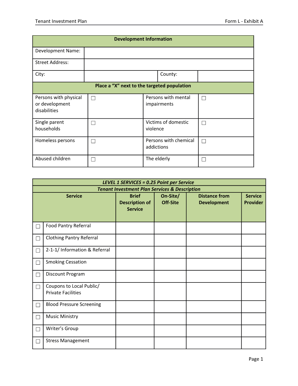 Tenant Investment Plan Form L - Exhibit A