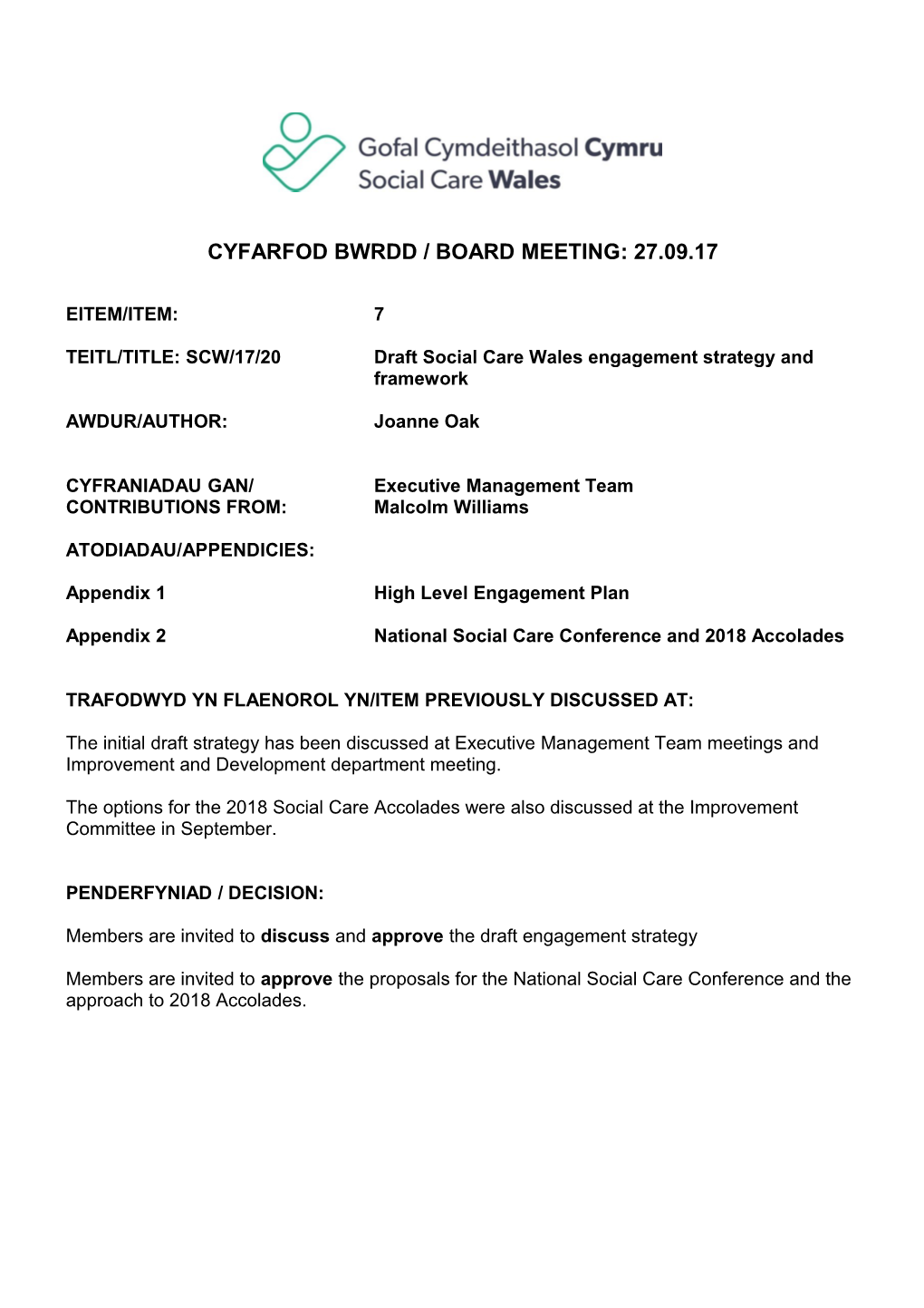 Cyfarfod Bwrdd /Board Meeting: 27.09.17