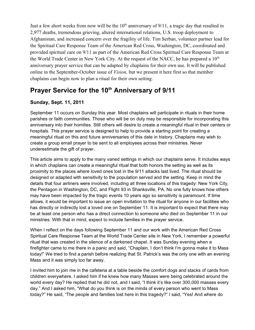 Prayer Service for the 10Th Anniversary of 9/11