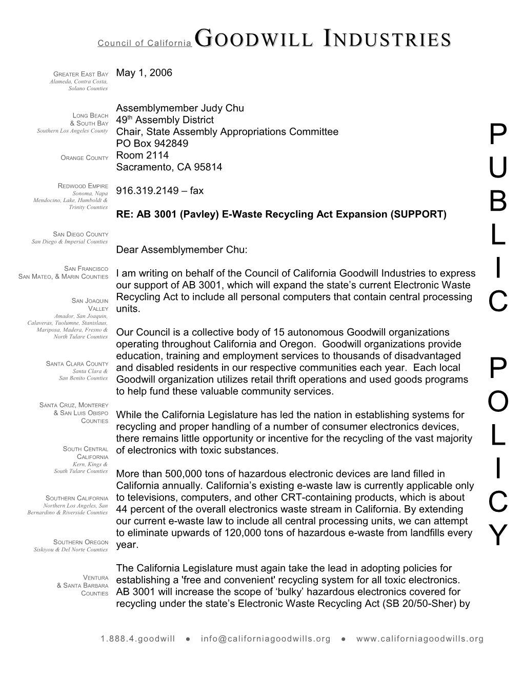 RE: AB 3001 (Pavley) E-Waste Recycling Act Expansion (SUPPORT)