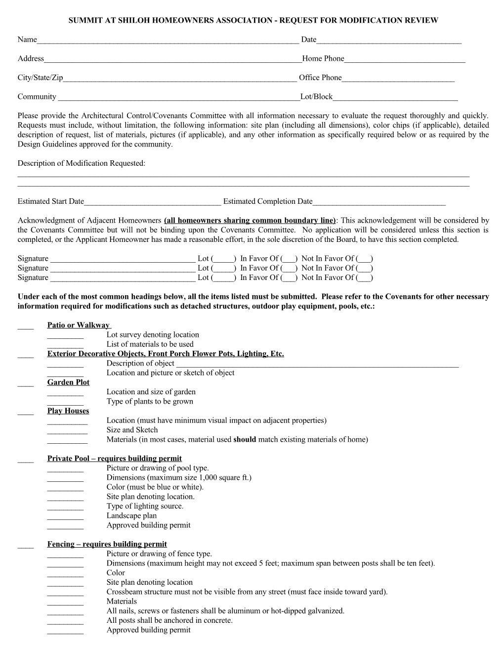 Summit at Shilohhomeowners Association- REQUEST for MODIFICATION REVIEW