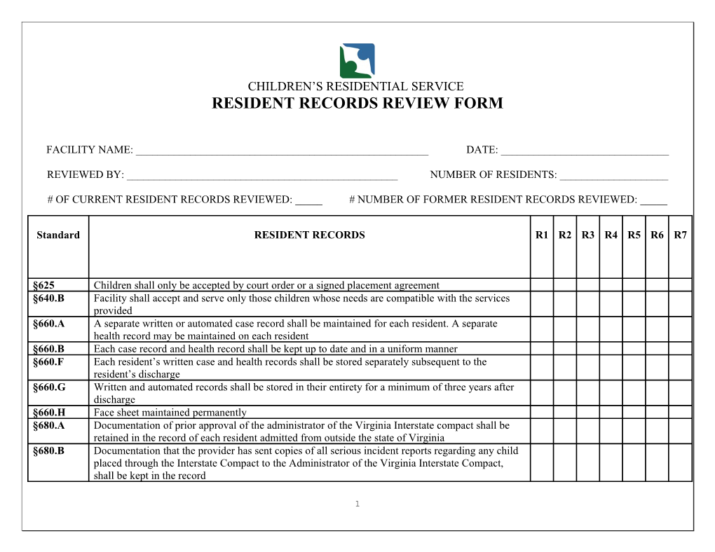 Resident Records Review Form