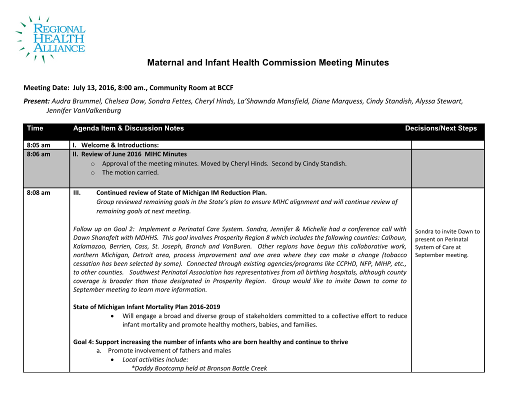 Maternal and Infant Health Commission Meeting Minutes