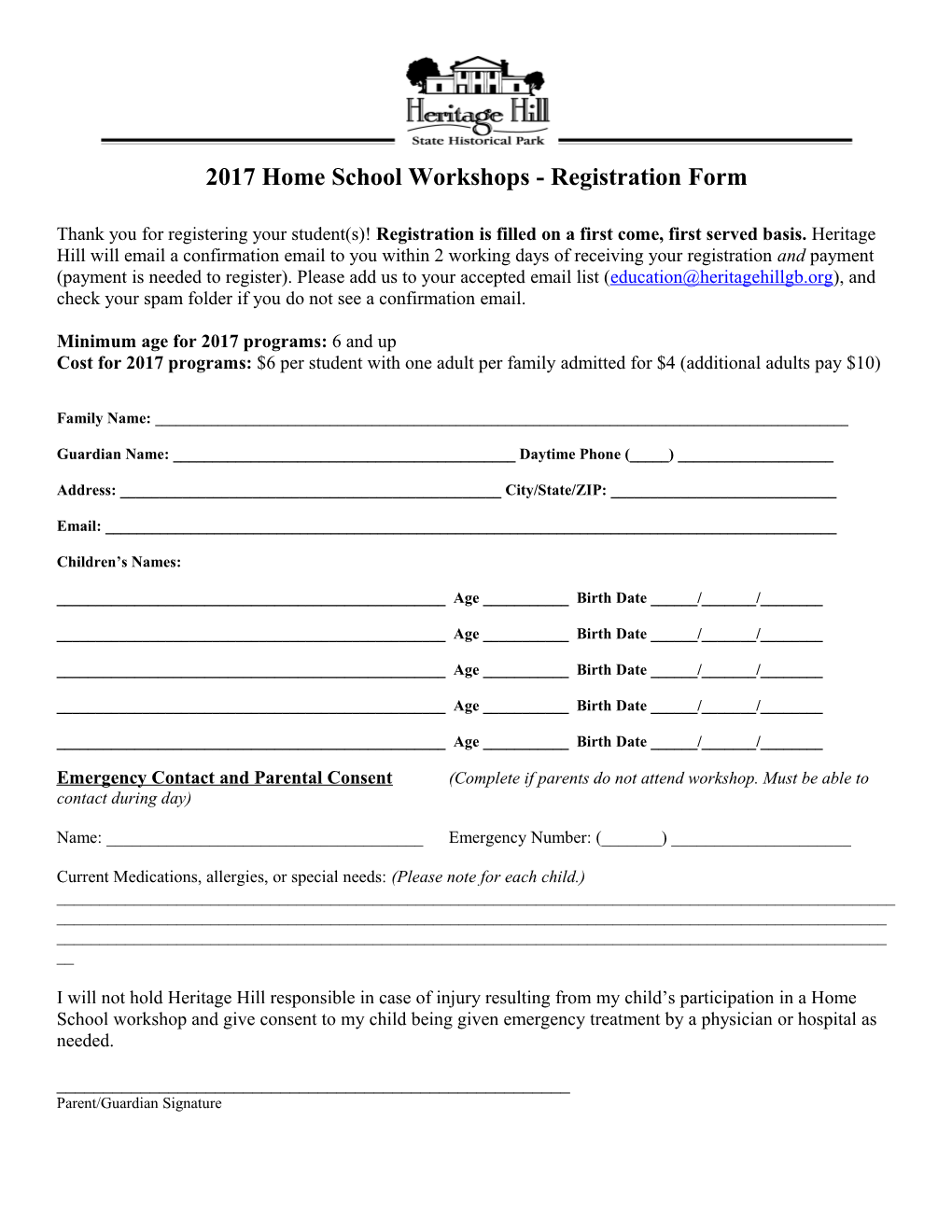 2017 Home School Workshops - Registration Form